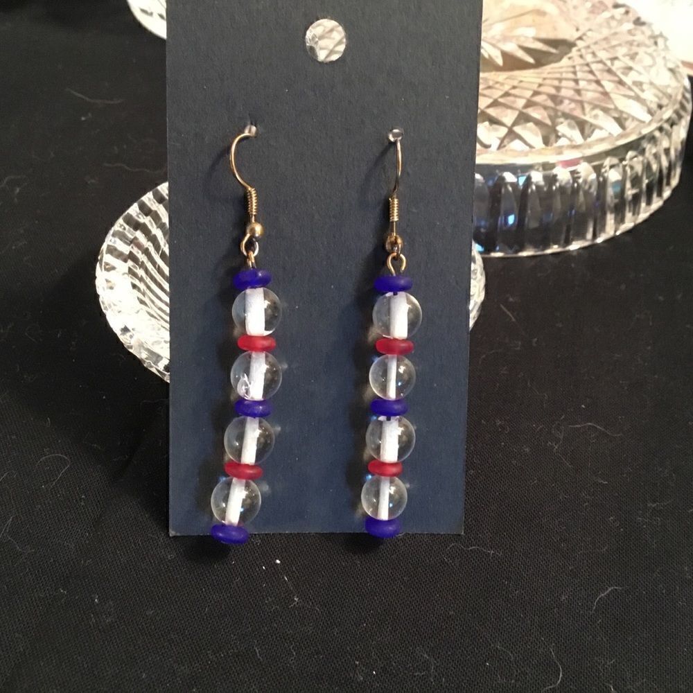 Goldtone Clear, Red and Blue Drop Earrings